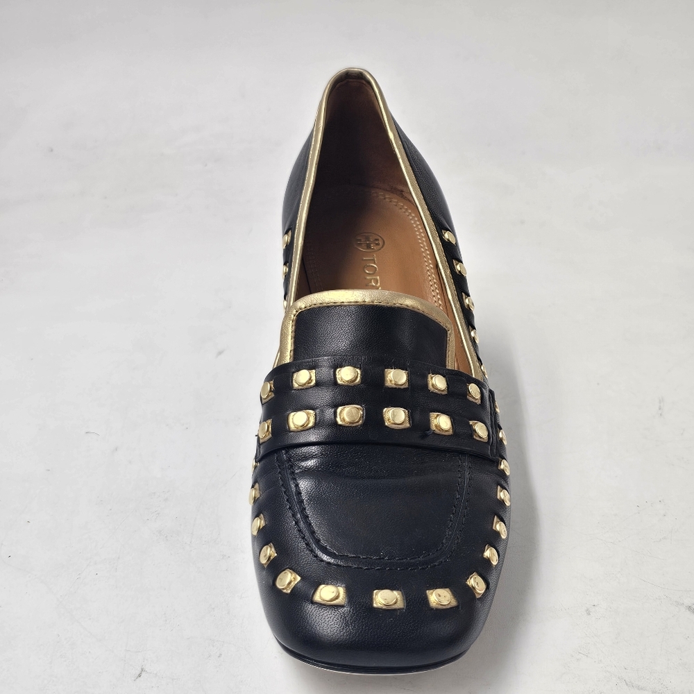 Tory Burch Studded Block Heel Loafer Pump Black Gold Leather Left Shoe 6.5 US - Picture 2 of 11